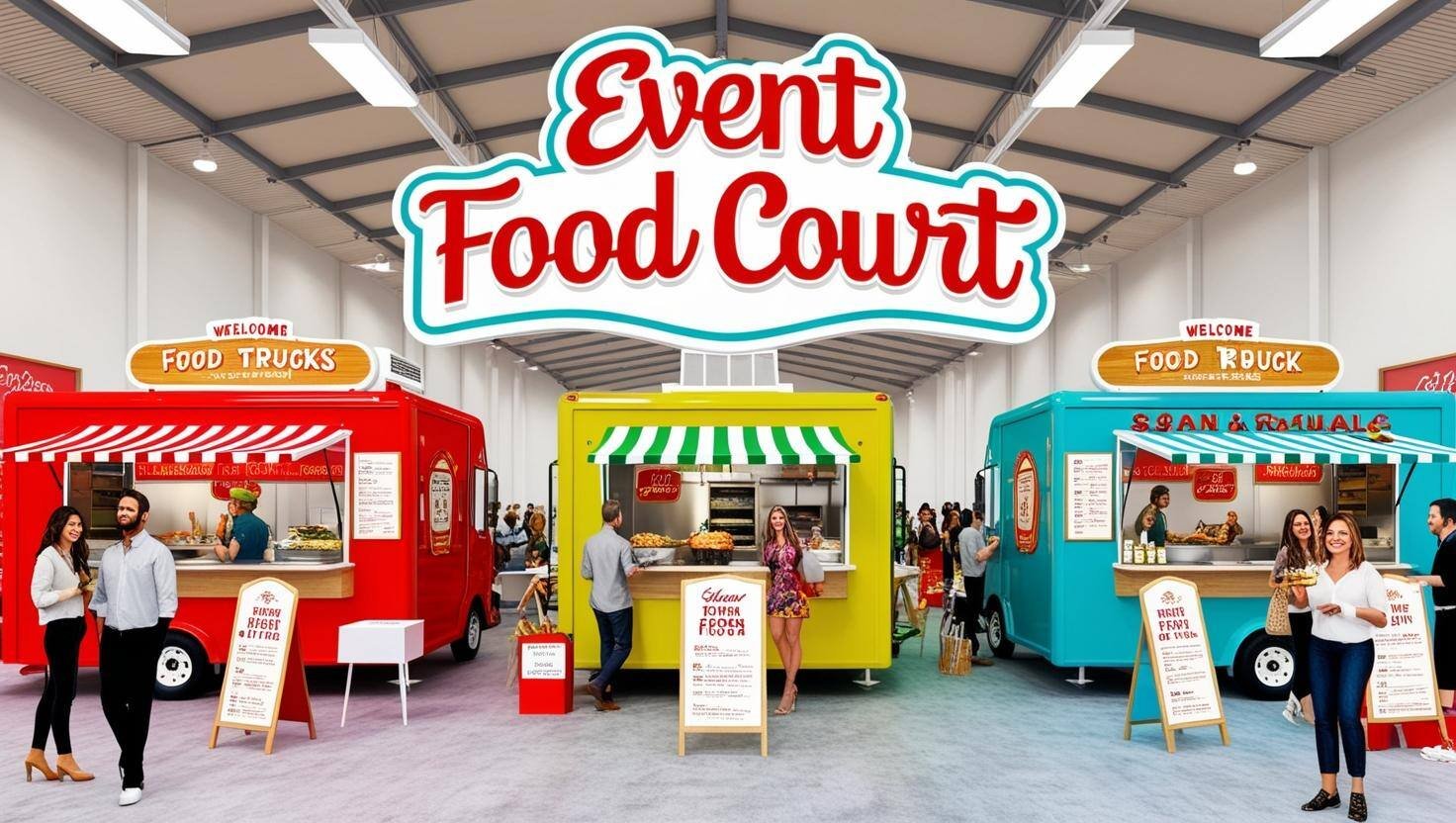 indoor event food court with 3 food trucks with a sign saying event food court