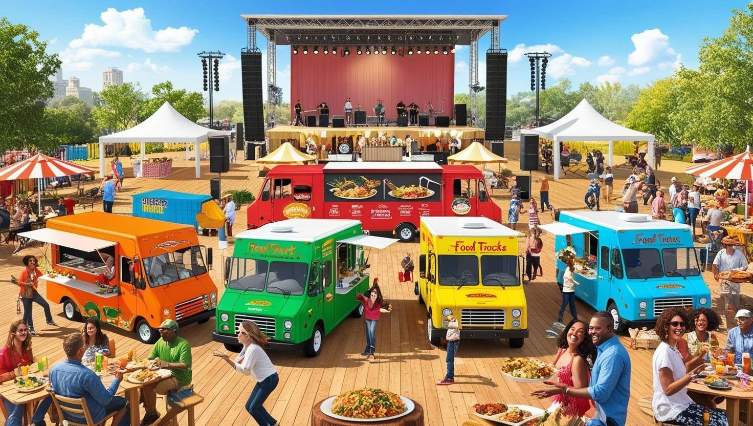 street food festival outdoors with 6 food trucks and a stage for shows (2)