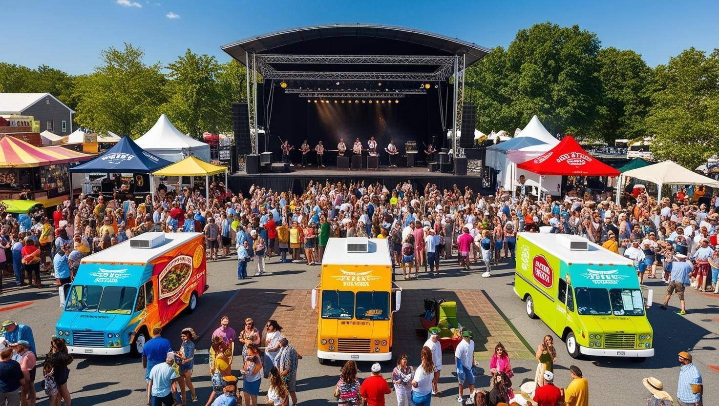 street food festival outdoors with 6 food trucks and a stage for shows (3)