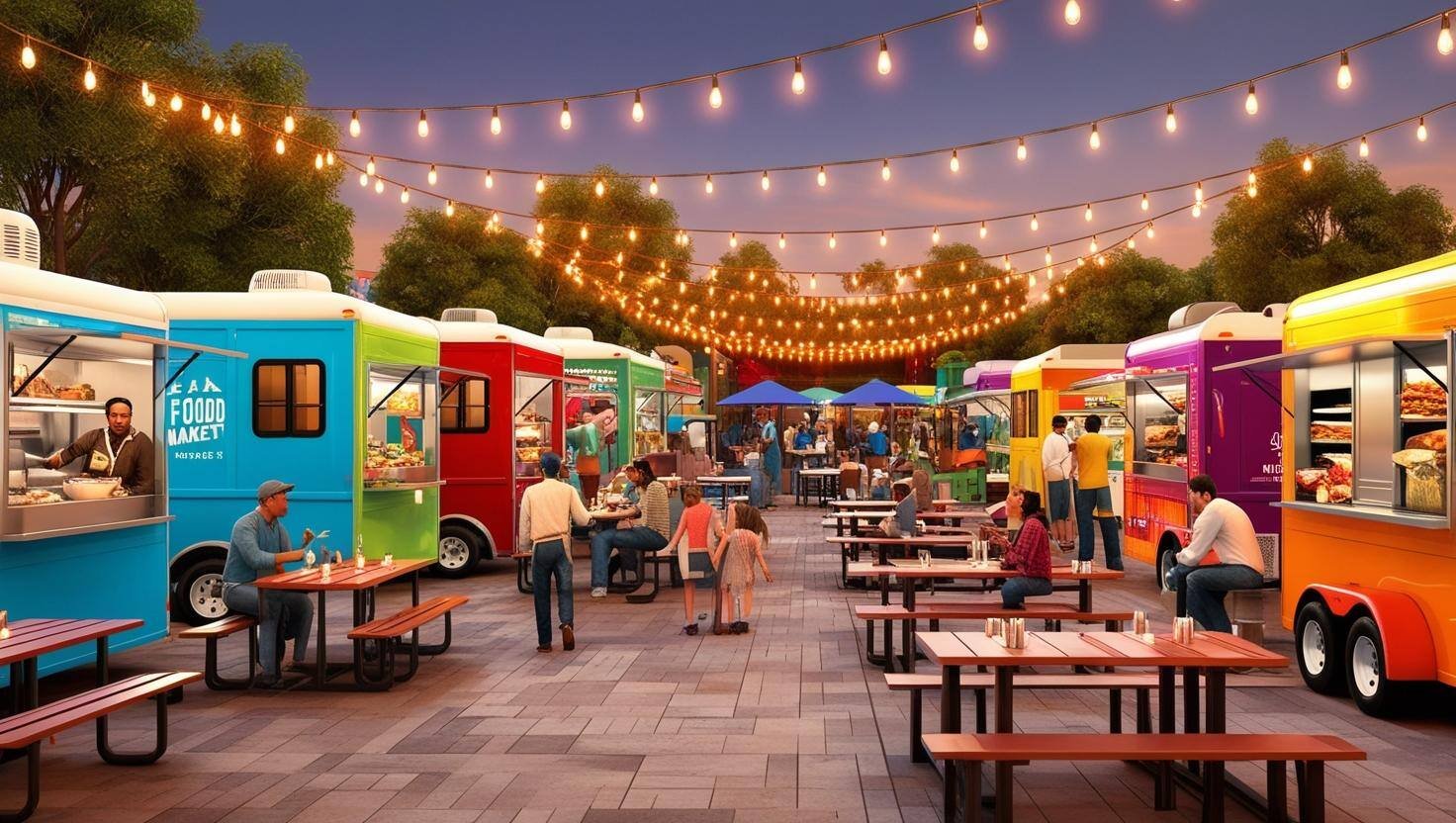 street food market outdoors with several different types of food trucks and trailers around an area with tables and benches covered with light bulbs