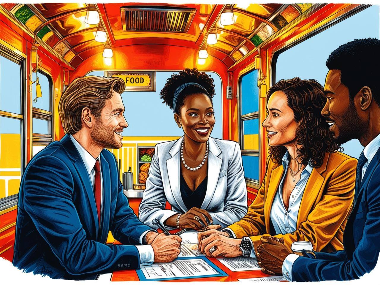 3 people of differente gender and ethnicity in a business meeting inside a food truck